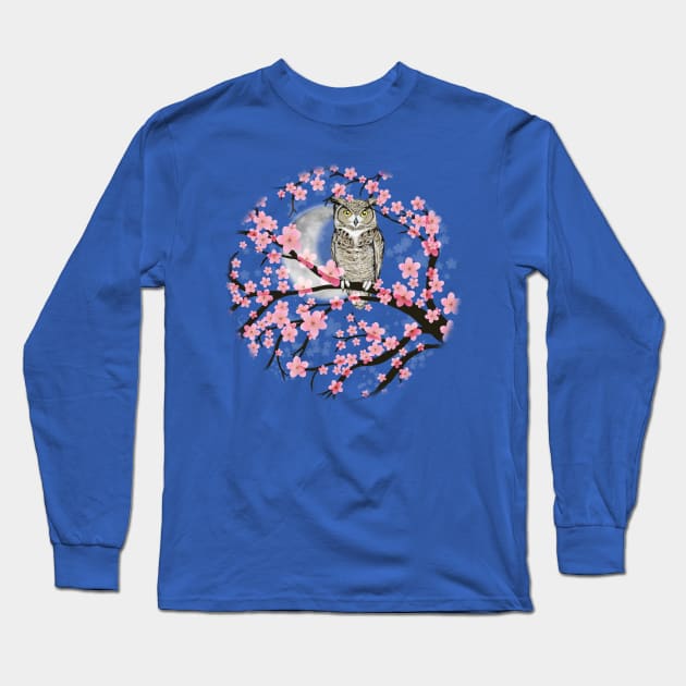 Great horned owl in a blossom tree Long Sleeve T-Shirt by Bwiselizzy